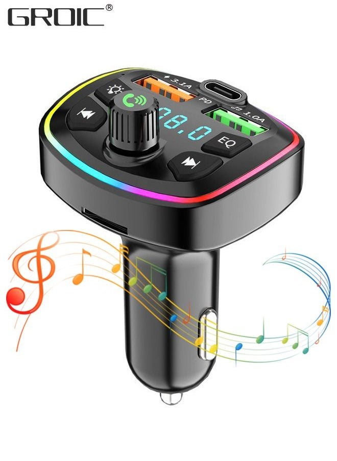 GROIC - QC3.0 Bluetooth FM Transmitter for Car,Dual USB Charger Bluetooth Car Adapter Wireless Radio with 7-Color LED Backlit Light, Hands-Free Calling,Radio - Image 1