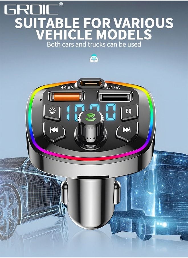 GROIC - QC3.0 Bluetooth FM Transmitter for Car,Dual USB Charger Bluetooth Car Adapter Wireless Radio with 7-Color LED Backlit Light, Hands-Free Calling,Radio - Image 1