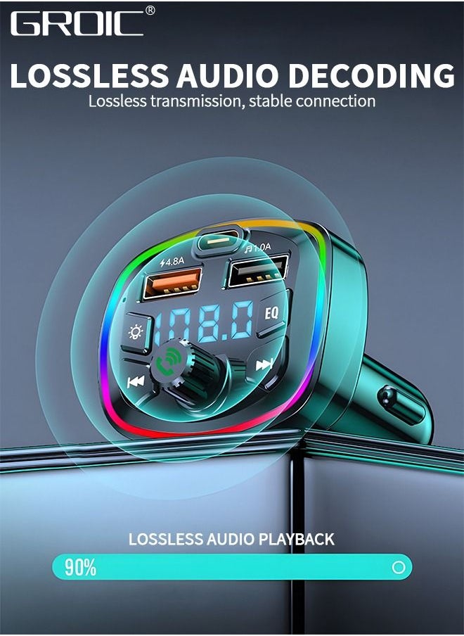GROIC - QC3.0 Bluetooth FM Transmitter for Car,Dual USB Charger Bluetooth Car Adapter Wireless Radio with 7-Color LED Backlit Light, Hands-Free Calling,Radio - Image 1