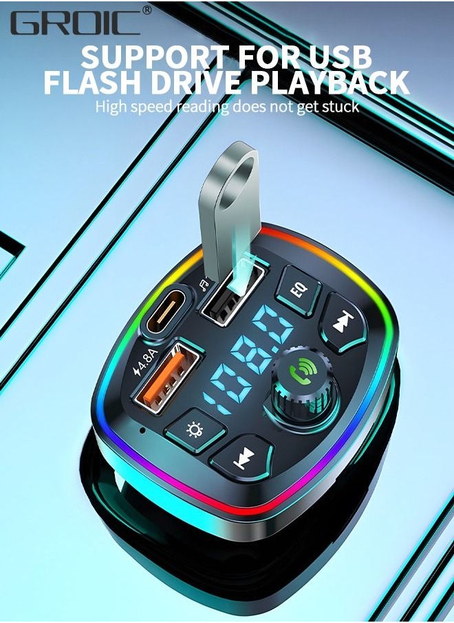 GROIC - QC3.0 Bluetooth FM Transmitter for Car,Dual USB Charger Bluetooth Car Adapter Wireless Radio with 7-Color LED Backlit Light, Hands-Free Calling,Radio - Image 1