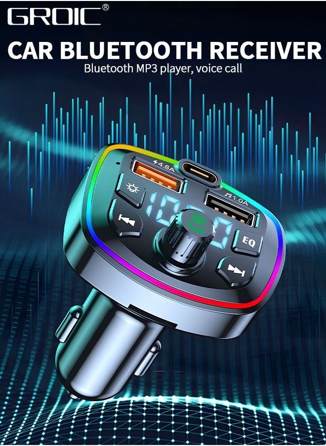GROIC - QC3.0 Bluetooth FM Transmitter for Car,Dual USB Charger Bluetooth Car Adapter Wireless Radio with 7-Color LED Backlit Light, Hands-Free Calling,Radio - Image 1