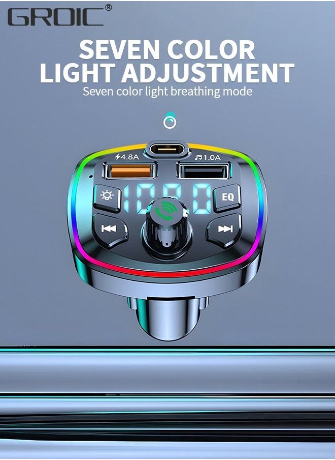 GROIC - QC3.0 Bluetooth FM Transmitter for Car,Dual USB Charger Bluetooth Car Adapter Wireless Radio with 7-Color LED Backlit Light, Hands-Free Calling,Radio - Image 1