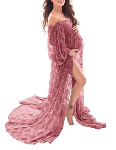 Saslax Lace Off Shoulder Doubly Split A-line Skirt Maternity Dress Soft Stretchy Pregnancy Prop Maxi Gown for Photoshoot Photography Antique Rose Medium - Image 1
