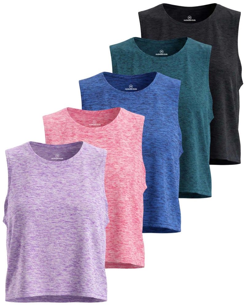 REALESSENTIALS Real Essentials 5 Pack Womens Dry Fit Crop Summer Tank Top Gym Yoga Workout Sports Tee Available in Plus Size Set 1 L - Image 2