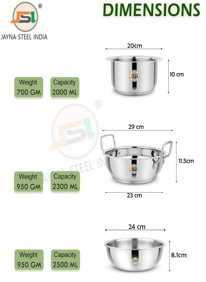JSI Stainless Steel Tri-Ply Induction Base Cookware Set 3 Pcs, Milk Tope 2000ml, Kadhai/Wok 2300ml, Tasla 2500ml - 304 Grade Steel Cooking Set/Kitchen Utensils Set/Cookware Combo Set - Image 4