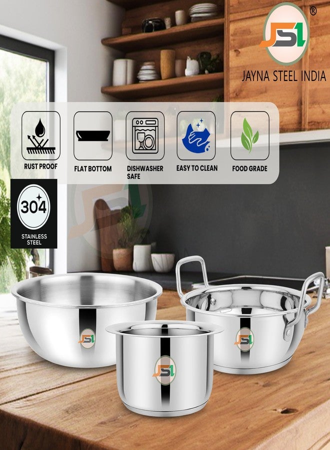 JSI Stainless Steel Tri-Ply Induction Base Cookware Set 3 Pcs, Milk Tope 2000ml, Kadhai/Wok 2300ml, Tasla 2500ml - 304 Grade Steel Cooking Set/Kitchen Utensils Set/Cookware Combo Set - Image 3