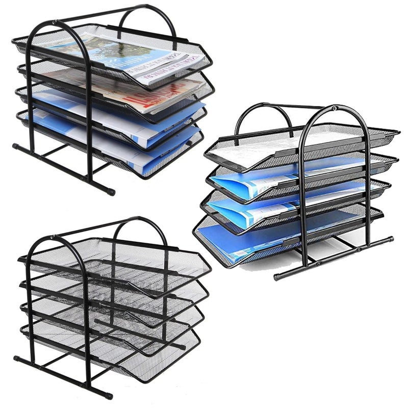 GoodWill Tech ™ 3-Pack 4 Tier Metal Mesh File Tray A4 Documents/Files/Papers/Letters/folders Holder Desk Organizer, (Black) - Image 1