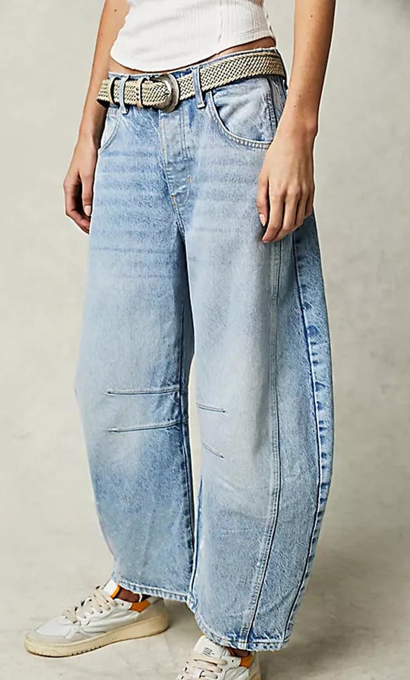 loveimgs Womens Stretchy Mid Rise Barrel Jeans Vintage Loose Wide Leg Cropped Denim Pants Y2k Baggy Boyfriend Jeans (Small,Light Blue) - Image 2