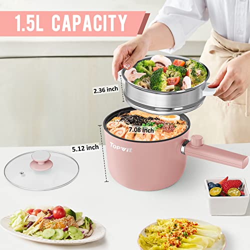 Topwit Hot Pot Electric with Steamer, 1.5L Ramen Cooker, Non-Stick Frying Pan, Electric Pot for Pasta, BPA Free, Electric Cooker with Dual Power Control, Over-Heating & Boil Dry Protection, Pink - Image 3