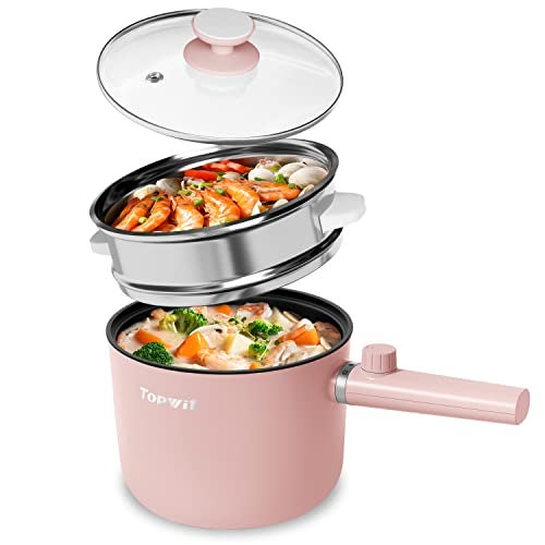 Topwit Hot Pot Electric with Steamer, 1.5L Ramen Cooker, Non-Stick Frying Pan, Electric Pot for Pasta, BPA Free, Electric Cooker with Dual Power Control, Over-Heating & Boil Dry Protection, Pink - Image 1