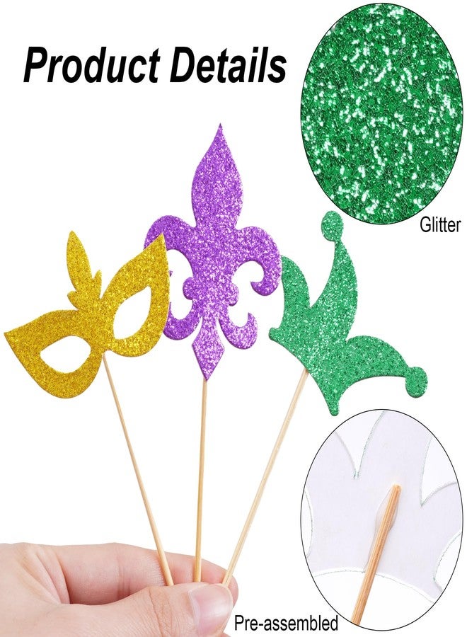 yeabwps 36pcs Mardi Gras Cupcake Toppers - Glitter Crown Mask Fleur De Lis Centerpiece Sticks for Carnival Masquerade Party Favors - Image 3