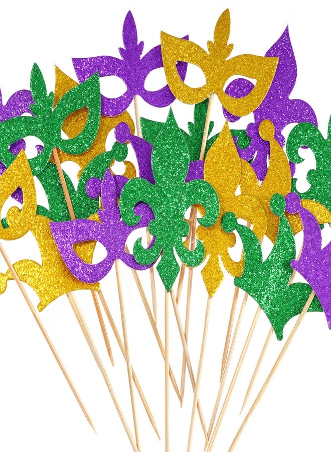 yeabwps 36pcs Mardi Gras Cupcake Toppers - Glitter Crown Mask Fleur De Lis Centerpiece Sticks for Carnival Masquerade Party Favors - Image 1