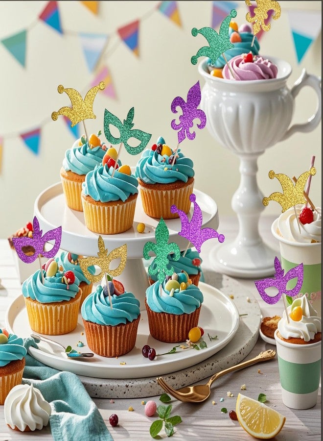 yeabwps 36pcs Mardi Gras Cupcake Toppers - Glitter Crown Mask Fleur De Lis Centerpiece Sticks for Carnival Masquerade Party Favors - Image 2