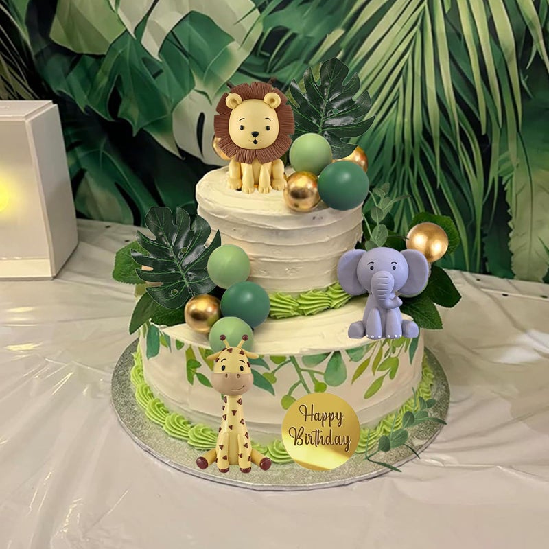 LEFUBABY 25 قطعة من زينة كعكة الحيوانات البرية مع كرات خضراء وأوراق النخيل لزينة حفلات عيد الميلاد للأطفال بموضوع الحيوانات البرية - Image 3