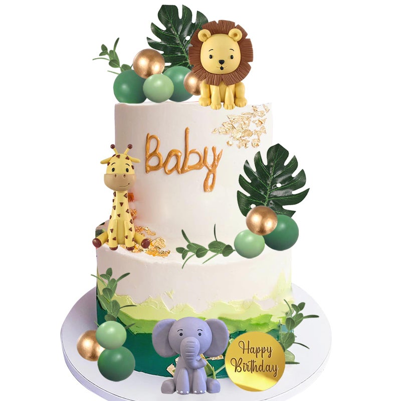 LEFUBABY 25 قطعة من زينة كعكة الحيوانات البرية مع كرات خضراء وأوراق النخيل لزينة حفلات عيد الميلاد للأطفال بموضوع الحيوانات البرية - Image 1