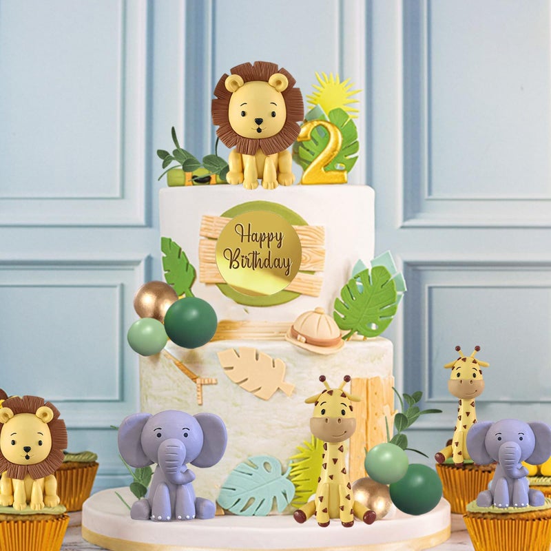 LEFUBABY 25 قطعة من زينة كعكة الحيوانات البرية مع كرات خضراء وأوراق النخيل لزينة حفلات عيد الميلاد للأطفال بموضوع الحيوانات البرية - Image 5