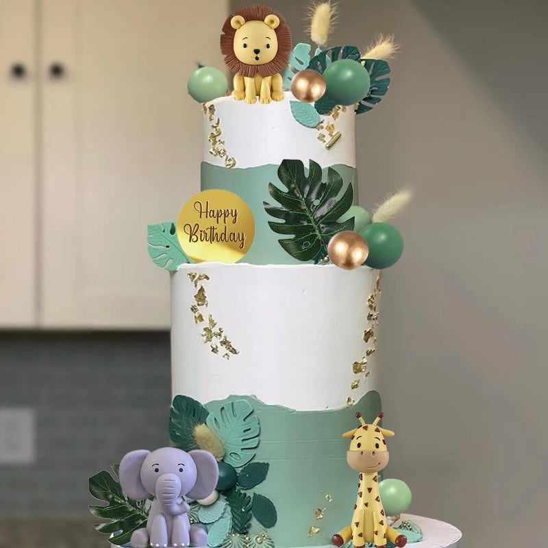LEFUBABY 25 قطعة من زينة كعكة الحيوانات البرية مع كرات خضراء وأوراق النخيل لزينة حفلات عيد الميلاد للأطفال بموضوع الحيوانات البرية - Image 4