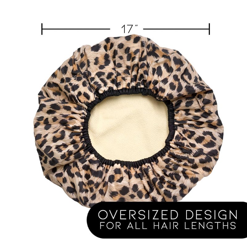 Betty Dain Reusable Nylon Bath & Shower Cap, Reversible Oversized Waterproof Shower Caps Large Designed for all Hair Lengths w Terry Lining & Elastic Band Stretch Hem Hair Hat - Socialite Safari Spots - Image 5