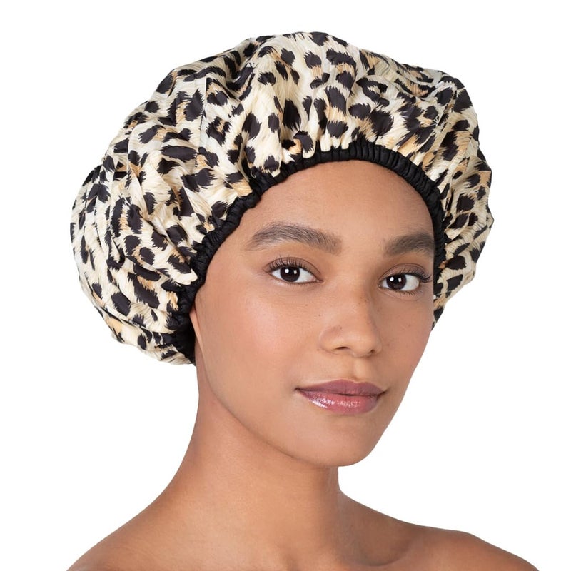 Betty Dain Reusable Nylon Bath & Shower Cap, Reversible Oversized Waterproof Shower Caps Large Designed for all Hair Lengths w Terry Lining & Elastic Band Stretch Hem Hair Hat - Socialite Safari Spots - Image 2
