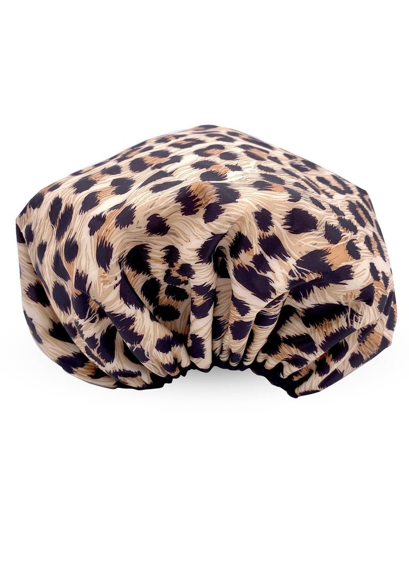 Betty Dain - Reusable Nylon Shower Cap & Bath Cap, Reversible Oversized Waterproof Shower Caps Large Designed for all Hair Lengths w Terry Lining & Elastic Band Stretch Hem Hair Hat - Socialite Safari Spots - Image 1