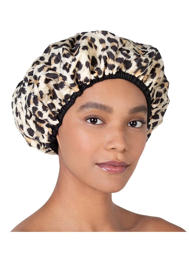 Betty Dain - Reusable Nylon Shower Cap & Bath Cap, Reversible Oversized Waterproof Shower Caps Large Designed for all Hair Lengths w Terry Lining & Elastic Band Stretch Hem Hair Hat - Socialite Safari Spots - Image 1
