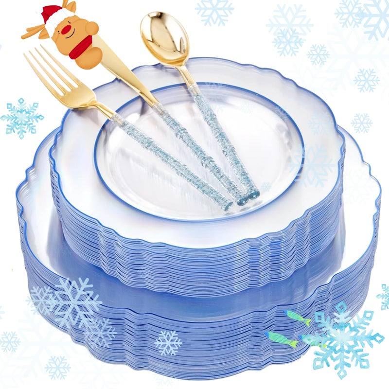 Liacere 150PCS Clear and Blue Plastic PlatesClear and Blue Disposable Plates with Glitter Bamboo Handle Cutlery60 Baroque Elegant Plates 30 Forks 30 Spoons 30 Knives for WeddingChristmas