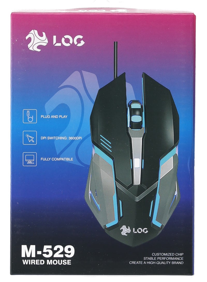 LOG M-529 Wired Ergonomic Design Gaming Mouse, 3 DPI Levels: (1800 / 2400 / 3600) Compatible With PC, Mac, Laptop - Black - Image 4