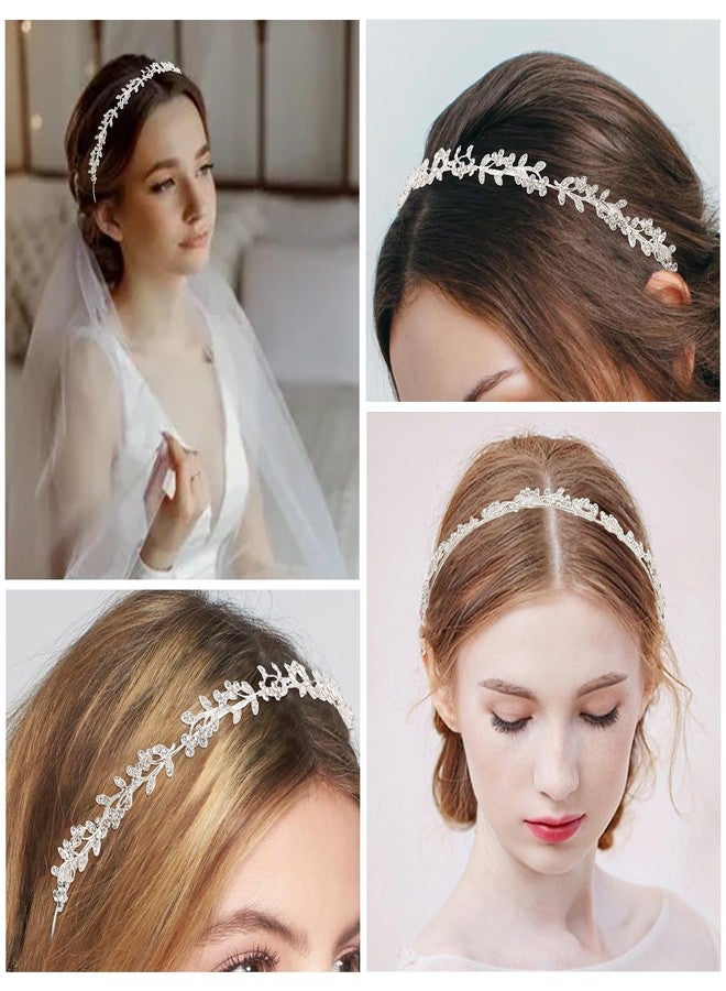 Exacoo Wedding Headbands for Women Girls Bride Headband Bridal Headpieces Crystal Hair Band Silver Tiara Wedding Gifts Hair Accessories Elegant Fairy Rhinestone Handmade Leaves Flowers - Image 4