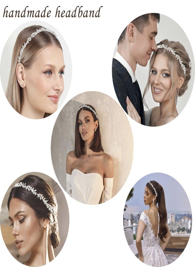 Exacoo Wedding Headbands for Women Girls Bride Headband Bridal Headpieces Crystal Hair Band Silver Tiara Wedding Gifts Hair Accessories Elegant Fairy Rhinestone Handmade Leaves Flowers - Image 5
