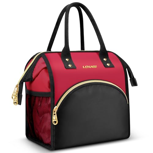 LOKASS Lunch Bag Women Insulated Lunch Box Wide-Open Lunch Tote Bag Large Drinks Holder Durable Nylon Thermal Snacks Organizer for Men Adults Work Picnic Hiking Beach Fishing, Red + Black - Image 1