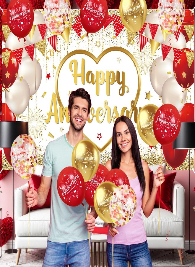 Yoirrat Red Gold Anniversary Party Decorations Happy Anniversary Banner Backdrop and 18Pcs Red Gold Happy Anniversary Balloons Anniversary Party Photography Background for Wedding Anniversary Party Supplies - Image 2