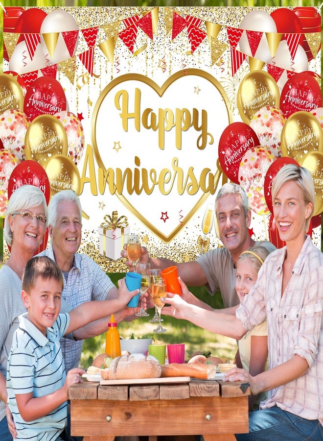 Yoirrat Red Gold Anniversary Party Decorations Happy Anniversary Banner Backdrop and 18Pcs Red Gold Happy Anniversary Balloons Anniversary Party Photography Background for Wedding Anniversary Party Supplies - Image 3