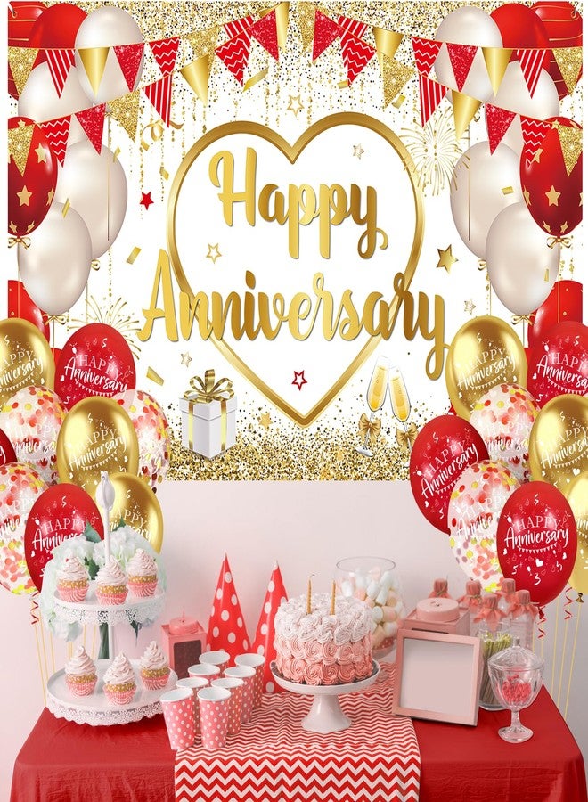 Yoirrat Red Gold Anniversary Party Decorations Happy Anniversary Banner Backdrop and 18Pcs Red Gold Happy Anniversary Balloons Anniversary Party Photography Background for Wedding Anniversary Party Supplies - Image 4