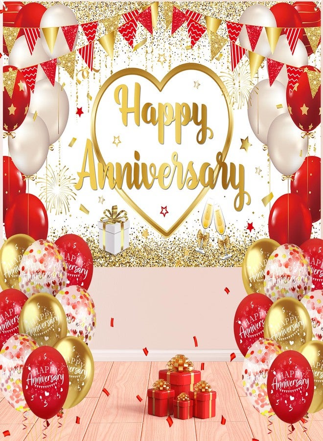 Yoirrat Red Gold Anniversary Party Decorations Happy Anniversary Banner Backdrop and 18Pcs Red Gold Happy Anniversary Balloons Anniversary Party Photography Background for Wedding Anniversary Party Supplies - Image 1