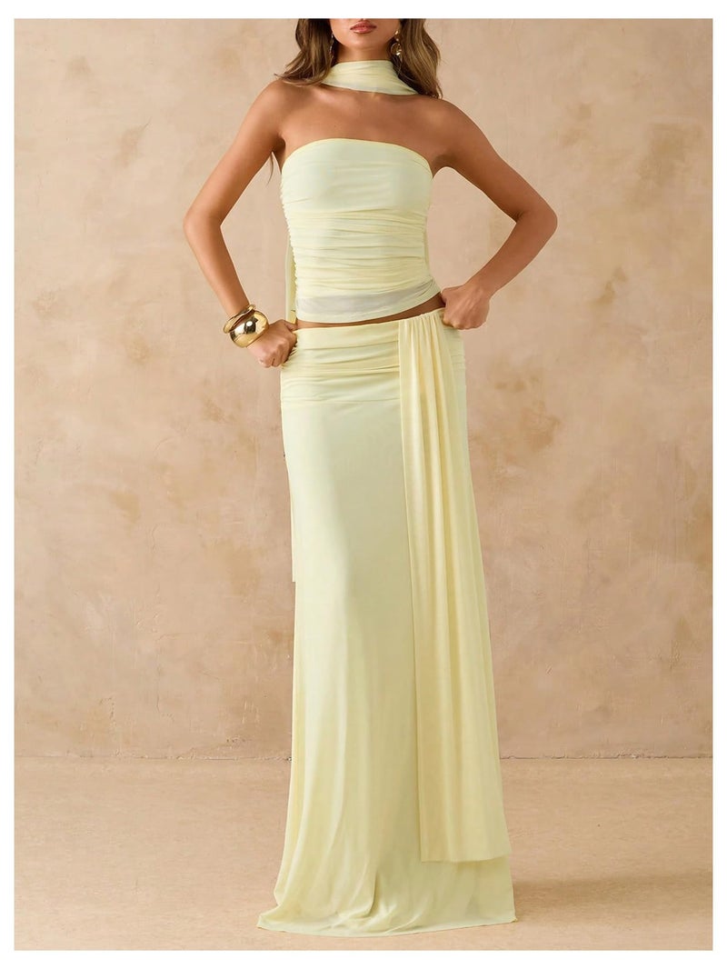 Verdusa Women's 2 Piece Skirt Set Strapless Tube Tops and Maxi Skirt with Scarf Fall Outfits Wedding Guest Formal Yellow Medium - Image 5