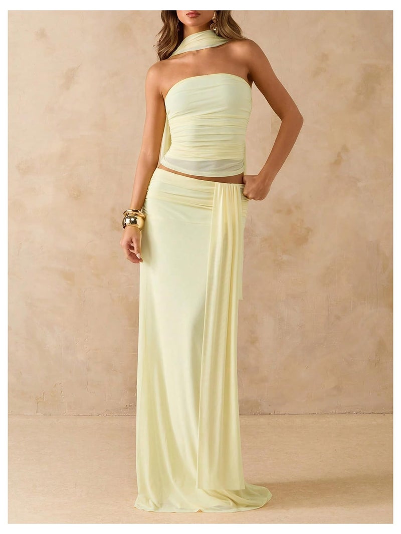 Verdusa Women's 2 Piece Skirt Set Strapless Tube Tops and Maxi Skirt with Scarf Fall Outfits Wedding Guest Formal Yellow Medium - Image 3