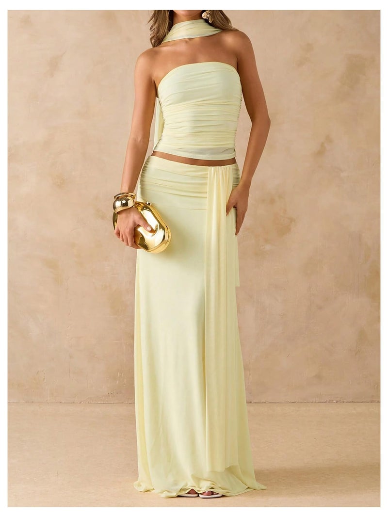 Verdusa Women's 2 Piece Skirt Set Strapless Tube Tops and Maxi Skirt with Scarf Fall Outfits Wedding Guest Formal Yellow Medium - Image 4