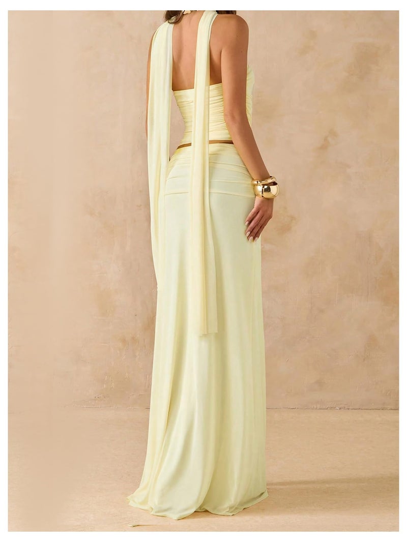 Verdusa Women's 2 Piece Skirt Set Strapless Tube Tops and Maxi Skirt with Scarf Fall Outfits Wedding Guest Formal Yellow Medium - Image 2