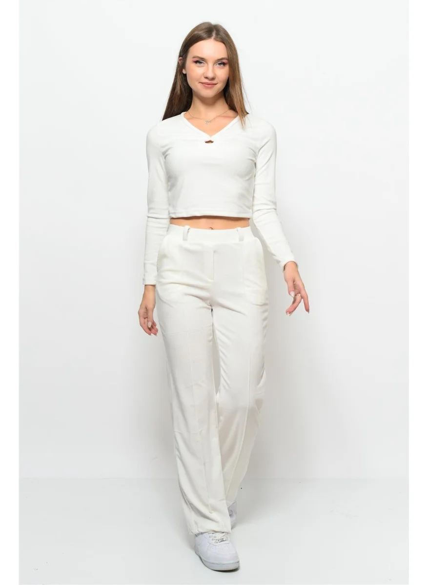 Nuseel Women Soft Velvet Pants-Blouse Bottom Top Two Piece Set White