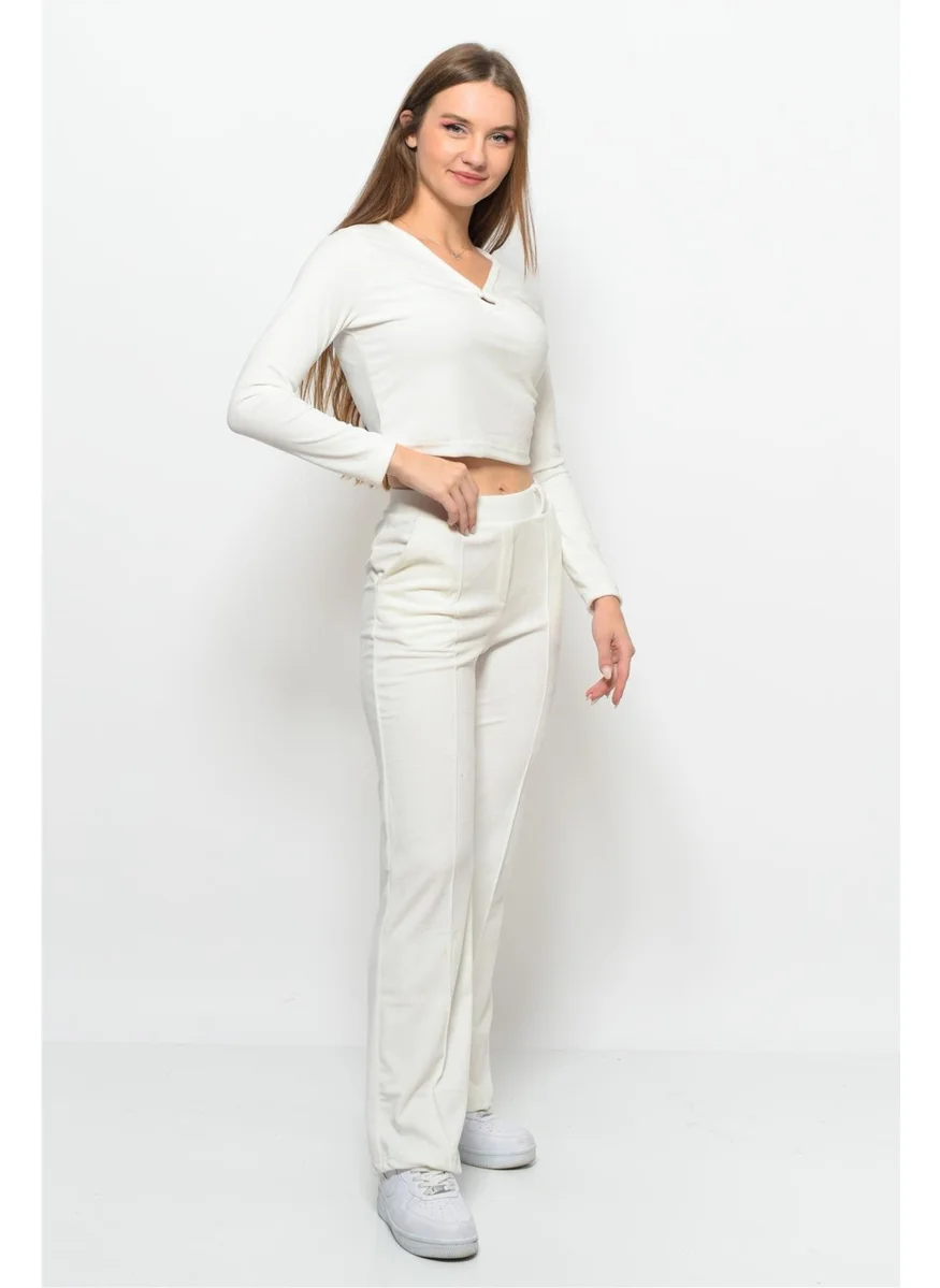 Nuseel Women Soft Velvet Pants-Blouse Bottom Top Two Piece Set White