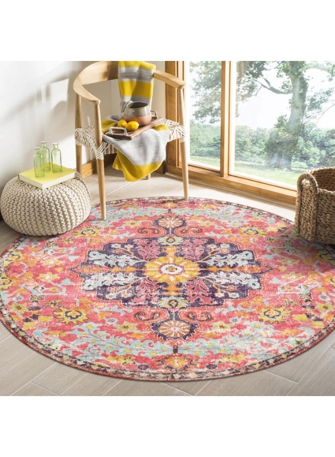 HZYH 4Ft Round Bohemian Floral Medallion Area Rug, Hot Pink Soft Faux Wool Turkish Rug, Washable Non-Slip Low Pile Tufted Indoor Carpet, for Bedroom, Kitchen, Living Room, Hallway, Bathroom - Image 1