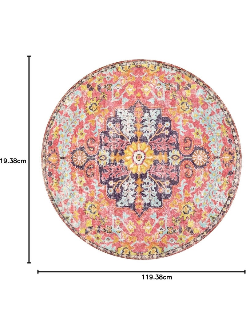 HZYH 4Ft Round Bohemian Floral Medallion Area Rug, Hot Pink Soft Faux Wool Turkish Rug, Washable Non-Slip Low Pile Tufted Indoor Carpet, for Bedroom, Kitchen, Living Room, Hallway, Bathroom - Image 2