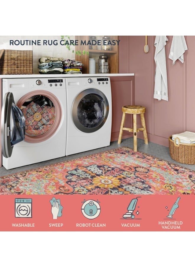 HZYH 4Ft Round Bohemian Floral Medallion Area Rug, Hot Pink Soft Faux Wool Turkish Rug, Washable Non-Slip Low Pile Tufted Indoor Carpet, for Bedroom, Kitchen, Living Room, Hallway, Bathroom - Image 3