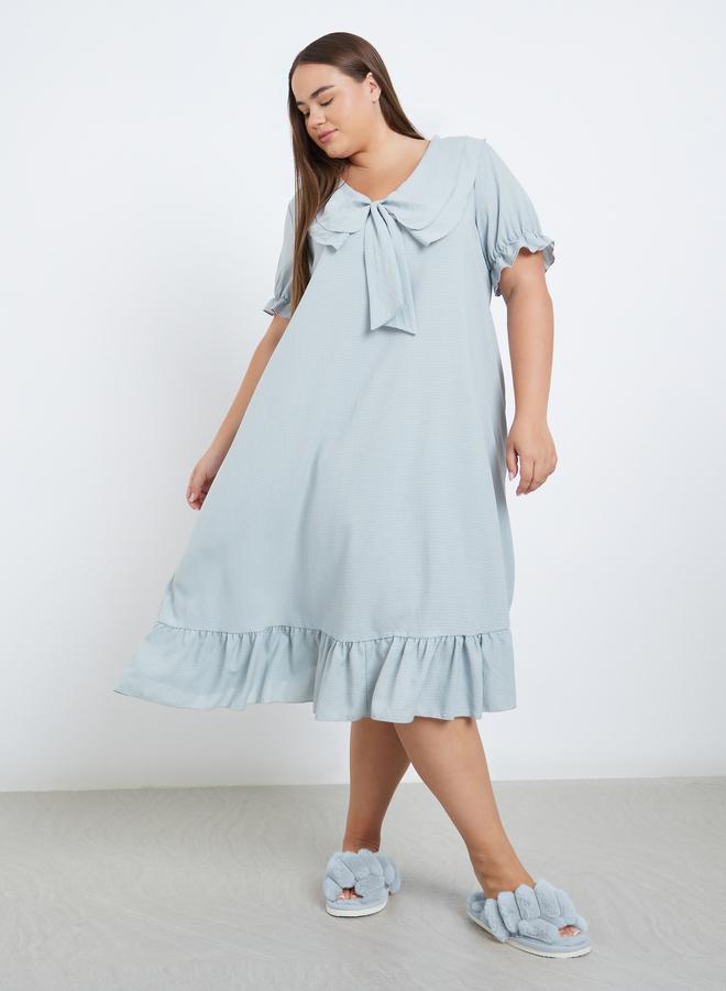 Styli Plus Peter Pan Collar Textured Nightdress - Image 1