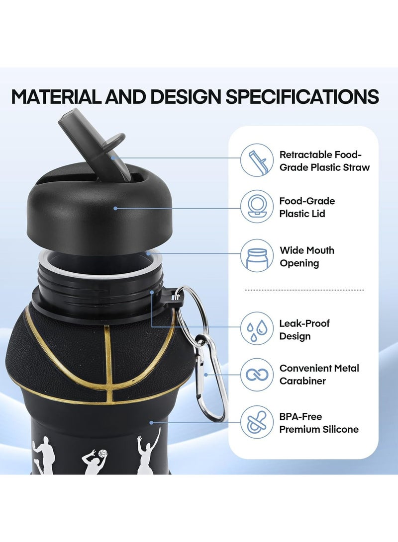 أوزيغالور زجاجة ماء للأطفال قابلة للطي بتصميم كرة السلة - خالية من BPA وخفيفة الوزن ومضادة للتسرب (550 مل، أسود) - Image 3