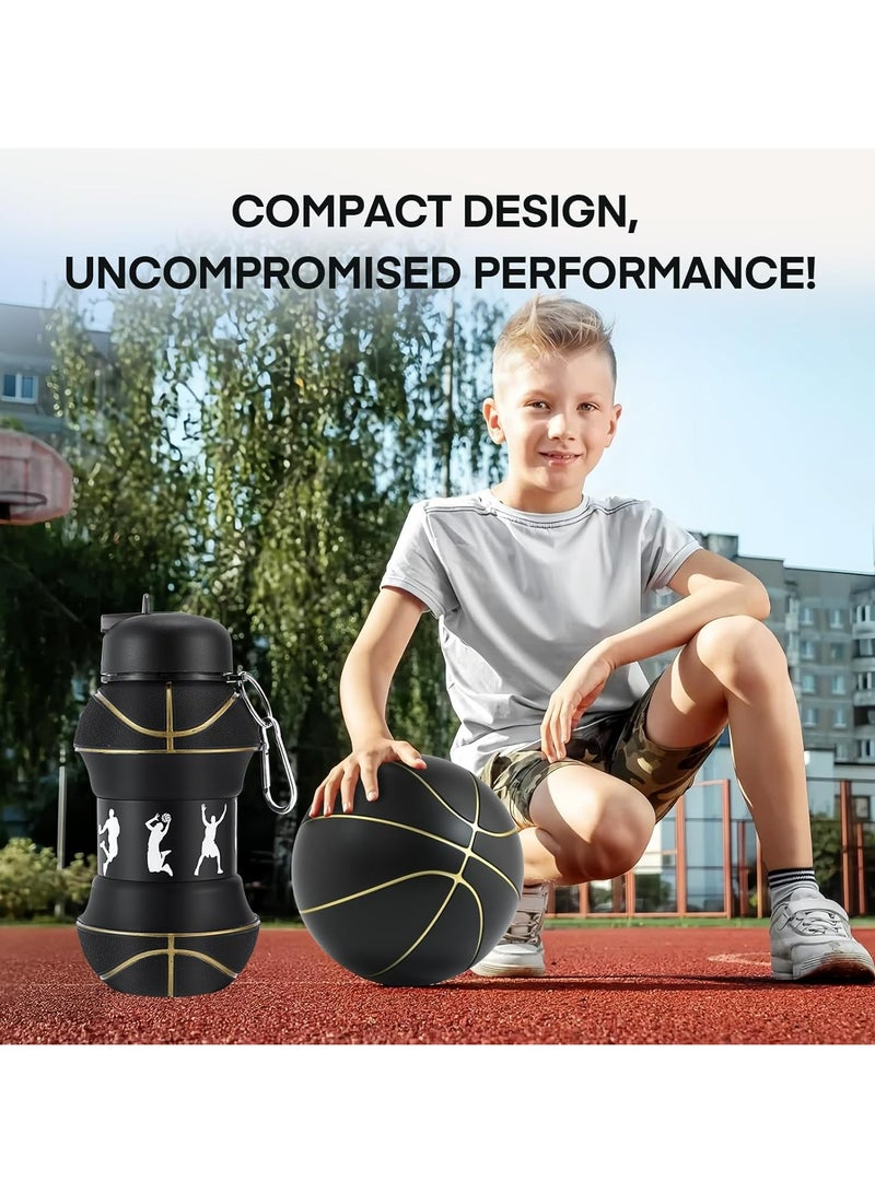 أوزيغالور زجاجة ماء للأطفال قابلة للطي بتصميم كرة السلة - خالية من BPA وخفيفة الوزن ومضادة للتسرب (550 مل، أسود) - Image 5