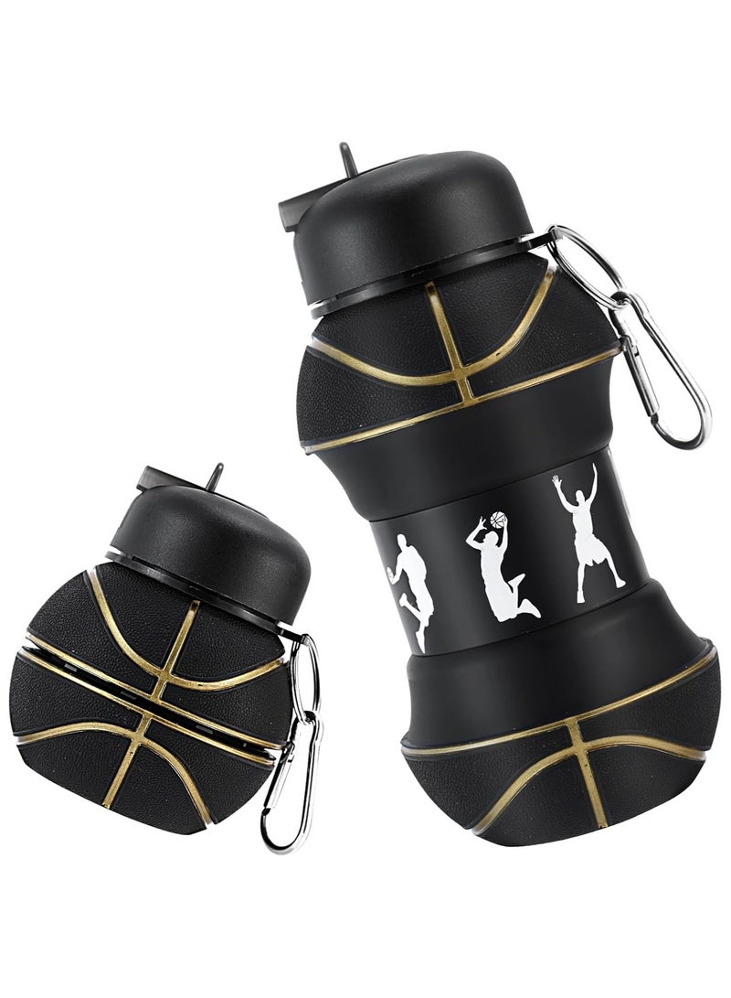 أوزيغالور زجاجة ماء للأطفال قابلة للطي بتصميم كرة السلة - خالية من BPA وخفيفة الوزن ومضادة للتسرب (550 مل، أسود) - Image 1