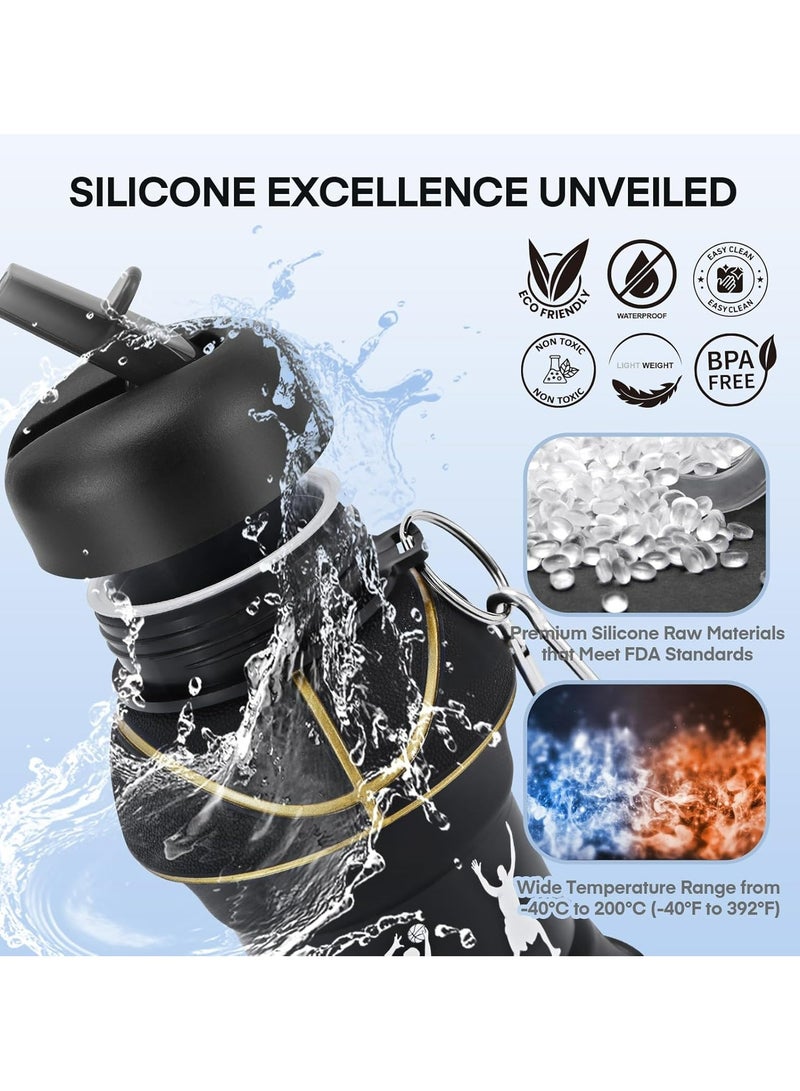 أوزيغالور زجاجة ماء للأطفال قابلة للطي بتصميم كرة السلة - خالية من BPA وخفيفة الوزن ومضادة للتسرب (550 مل، أسود) - Image 4