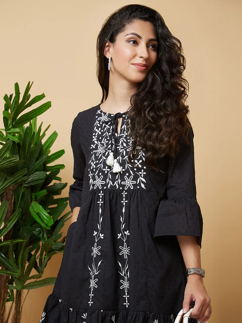 globus Globus Women Floral Embroidered Tie-Up Neck Bell Sleeves Pure Cotton A-Line Ethnic Dress