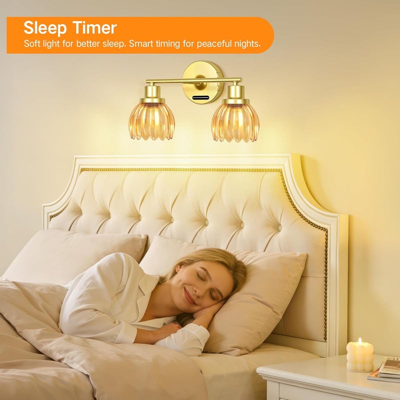 Battery Operated Vanity Wall Lights, 2-Light Rechargeable Wall Sconce with Tulip Glass Lampshade, Remote & Touch Control, Dimmable Wireless Wall Lamp for Bathroom Mirror Living Room, Orange - Image 5